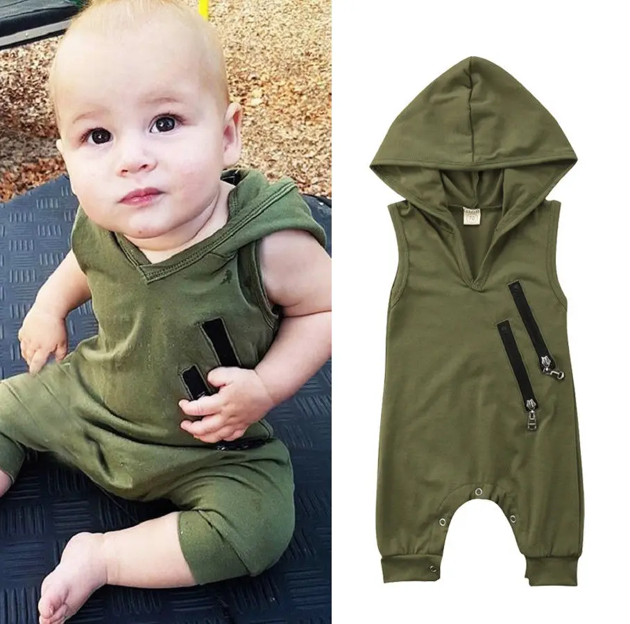 

Newborn Toddler Baby Girls Boys Summer Casual Active Romper Sleeveless Hooded Solid Zipper Jumpsuits Romper 0-24M