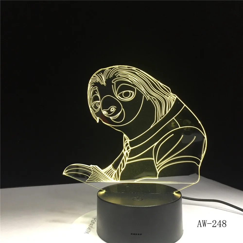 3D зверополис мультфильм Ленивец ночник 3D USB сенсорный выключатель дистанционное управление акрил 7 цветов градиент атмосферные лампы освещение 248