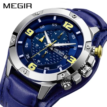 

MEGIR Big Mens Watches Luxury Brand Chronograph Quartz Watch Men with Leather Bracer Relogio Masculino Reloj Hombre Dropship