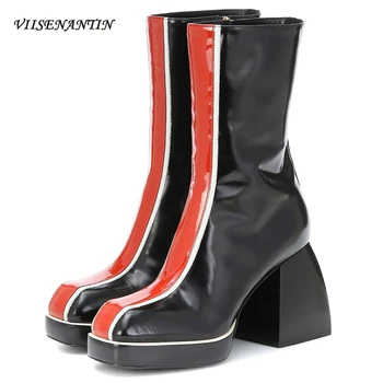 

Square Toe High Thick-heeled Genuine Leather Knight Boots Ginham Color Block Motorcycle Ankle Boots Spring/Autumn Shoes Women