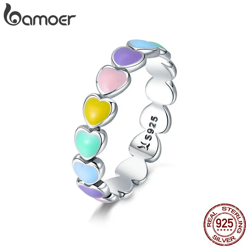 BAMOER Authentic 925 Sterling Silver Stackable Rainbow Heart Finger Rings for Women Wedding Engagement Ring Jewelry Anel SCR444