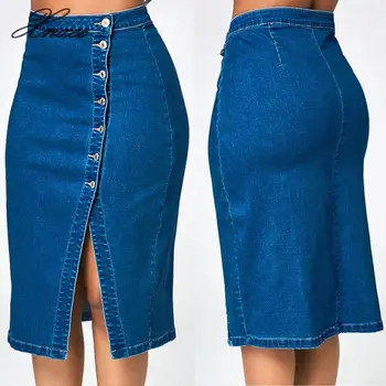 

Women Fashion Denim Pencil Skirt High Waisted Blow Knee Blue Jeans Button Skirts