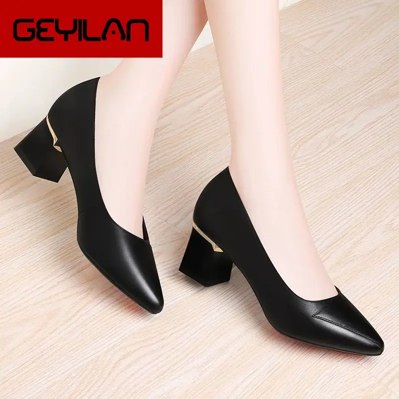 

2019 New Autumn Ladies Pumps Women Shoes Woman Solid Black Leather Square High Heels Shallow Shoes Oxfords Elegant Office Shoes