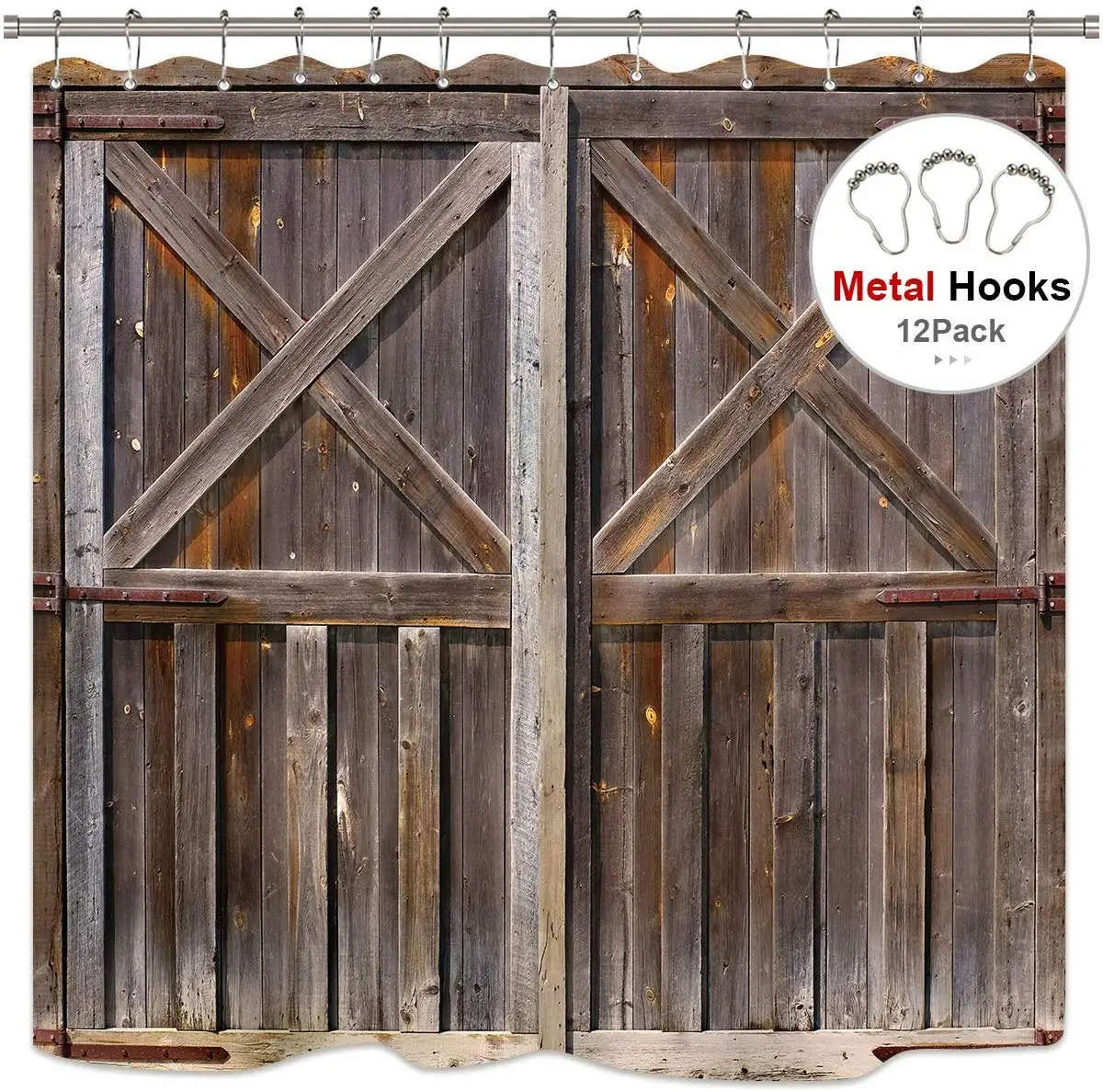 

Wooden Barn Door Shower Curtain Panel 72x72 Inch Metal Hooks 12 Pack Farmhouse Western Country Rustic Brown Fabric Polyester