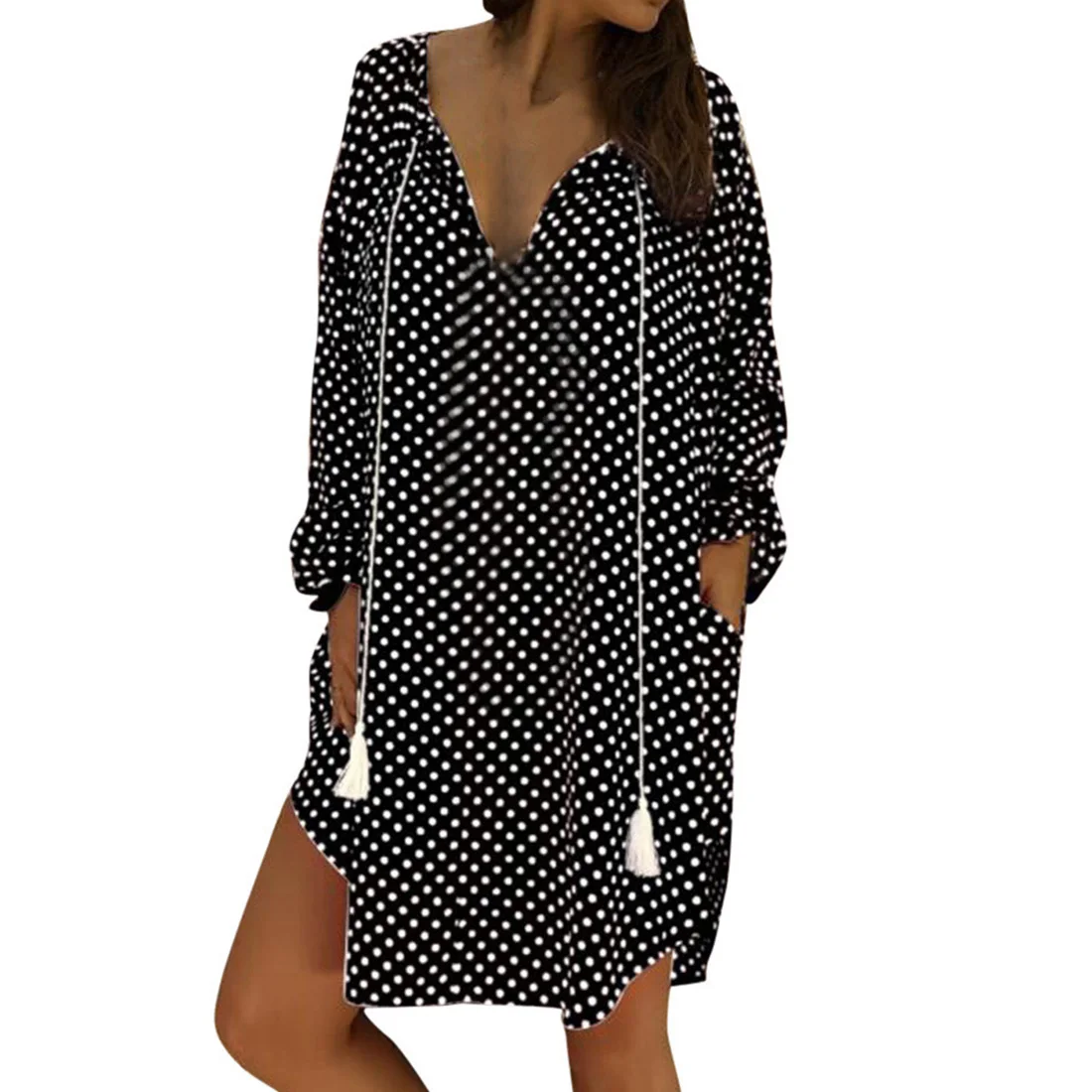 

Polka Dot Long Sleeve Daily Beach Loose Mini Sexy Holiday V Neck Party Casual Women Dress Summer Plus Size
