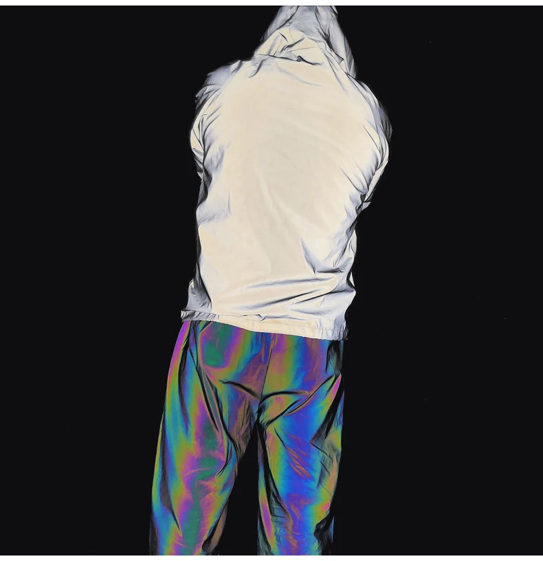 Прямая Мужская Ночная Светоотражающая хип-хоп куртка мужская ветровка с капюшоном одежда цветной, отражающий лоскутный пуловер из ленты