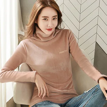 

Women Shirt Gold Velvet Bottoming Shirts Embroidery Turtleneck Long Sleeve Slim Female Top Autumn Winter Ladies Pullover Tops