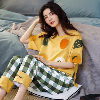 

Spring and Summer Cotton Short-sleeved Trousers Pajamas Fresh Cartoon Sweet Lady's Home Wear Casual Suit Pyjamas Women Pijama