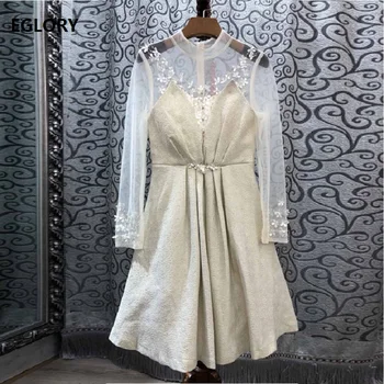 

Formal Party Elegant Dresses 2019 Autumn Women Applique Flower Beading Sexy Sheer Mesh Patchwork Long Sleeve Dress Apricot Black