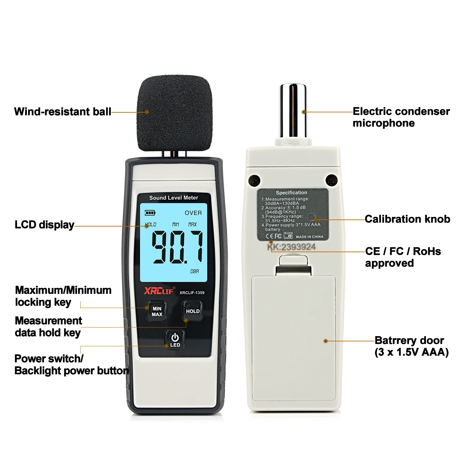 XRCLIF Noise Audio Level Meter Sound Level Meter Digital Handheld DB Meter Sound Monitor 30-130dB Decibels Mini Sound Meter 4