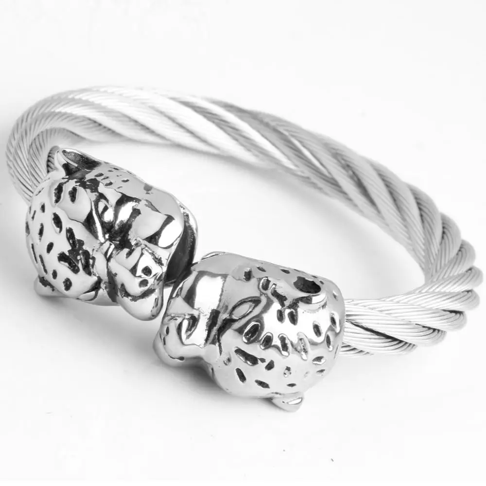 Не выцветает титановая нержавеющая сталь Серебряный панк голова леопарда проволока витая цепь манжета браслет крутой мужской ювелирный подарок 87 г