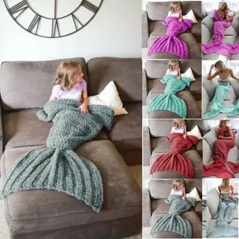 

Winter Kids Mermaid Tail Sofa Blanket Warm Hand Crocheted Knitted Quilt Rug