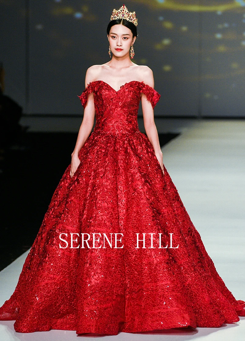 Serene Hill Dubai Designer Red Strapless Sexy Wedding Dress Fashion Vintage Appliques Sequins Lastest Bridal Gown C66601