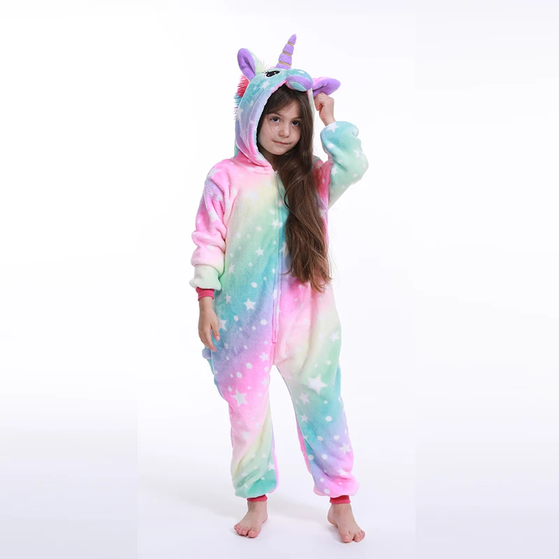 Зимняя Детская Пижама кигуруми с единорогом; Пижама-комбинезон с пандой для мальчиков и девочек; одежда для сна с животными; Фланелевая пижама; детская пижама - Цвет: Star Unicorn