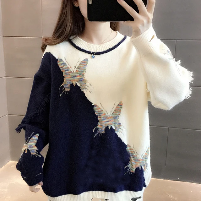 Pullover Women's Sweater Fashion Knitted Embroidered Sweater Autumn Winter Oversized Woman Sweaters darkblue