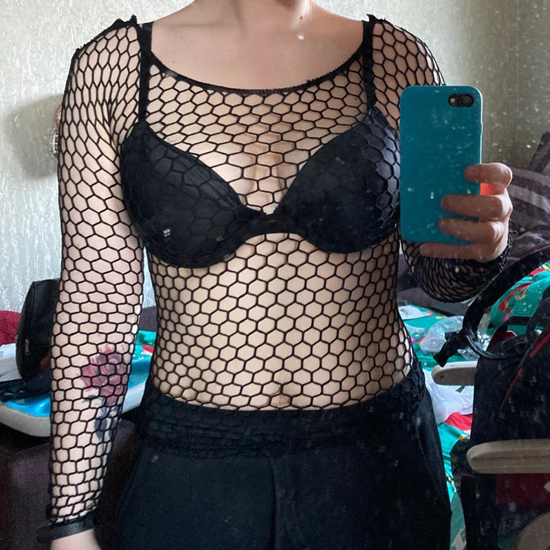 Sexy Cosplay Costumes Lingerie Women Club Party Tops Gothic Hollow Out Mesh Fishnet Tanks Long Sleeve Underwear Black Shirts