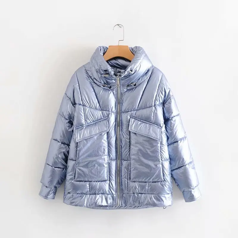 

F7175-Korean-style WOMEN'S Wear 2019 Autumn & Winter New Style Stand Collar Large Pocket Bright Surface Cotton Overcoat Women's