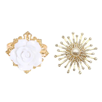 

12Pcs Upscale Exquisite Napkin Ring Pearl Crystal Metal Napkin Buckle Holder & 12Pcs Resin Rose White Napkin Ring Table Kitchen