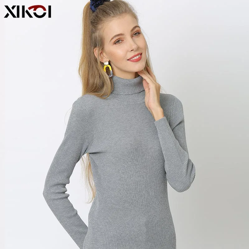 Grey Свитера с высоким воротом XIKOI женские зимние новые S-4XL свободные свитера розовые женские сексуальные модные Джемперы вязаный свитер 10 цветов - Цвет: Grey