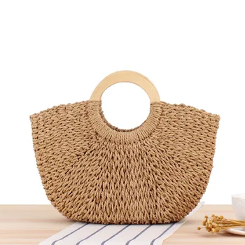 

Wooden Handles Carrying Straw Braided Paper Rope Hand-woven Beach Bag Mori Solid Color Large Capacity Female Bag