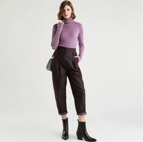 Женский жаккардовый свитер GCAROL, стрейчевый свитер в полоску с хомутом в стиле минимализма, трикотажный свитер для офиса, теплый яркий джемпер с содержанием шерсти 30% для осени и зимы - Цвет: Lavender