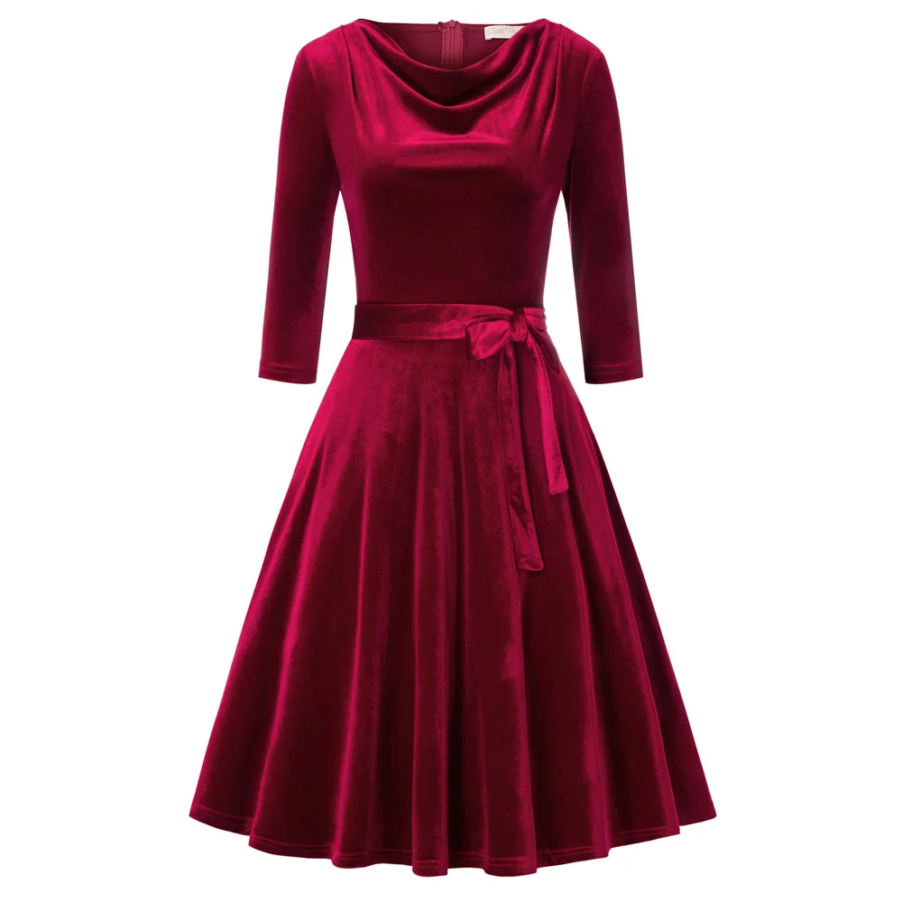 Belle Poque Autumn Winter Dress Women Butterfly Long Sleeve Party Dresses Vintage Celebrity Midi Dresses Vesidos s-2XL - Color: Wine