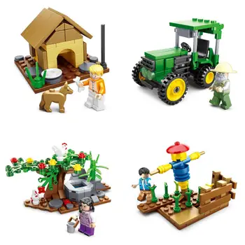 

City Farm Farming Time Tractor Kennel Well Scarecrow Building Blocks Kit Bricks set Classic Model Kids Toys For Children Gift