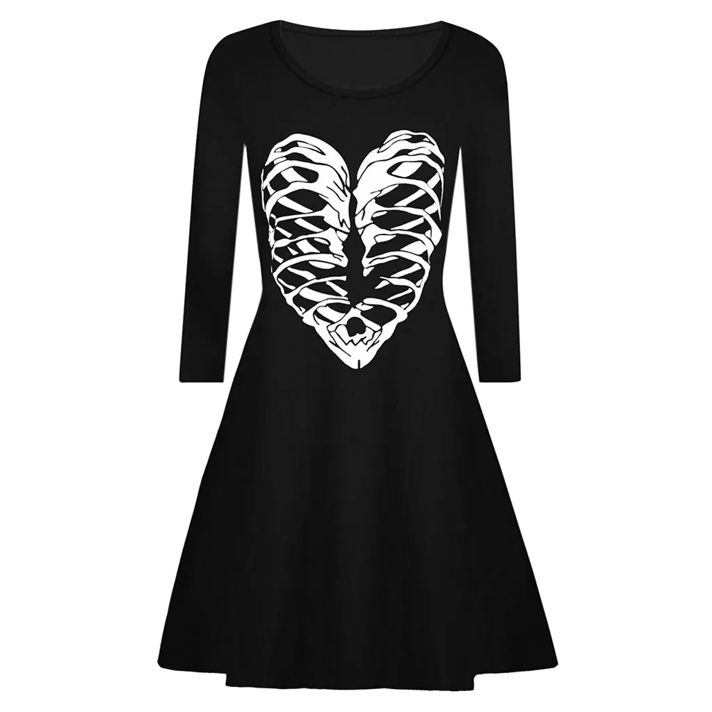 

Skull Dress Women Skeleton Witch Halloween 3d Print Long Sleeve O-Neck Womens Clothing Vintage Ladies Cosplay FC