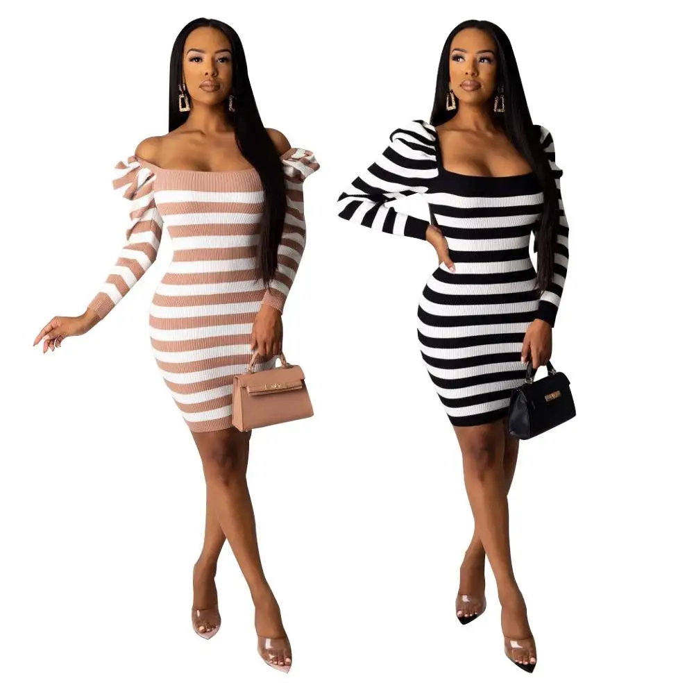 

Echoine Sexy Striped Off Shoulder mini Dress long sleeve elegant casual winter dresses female office lady streetwear clothes