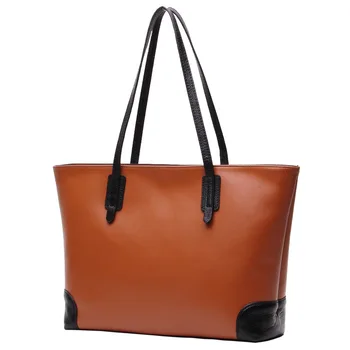 

New Women Genuine Leather Bags Large Bag Full-grain Simple Contrast Color Women Bag Fashion Glorious Shoulder Large Bag
