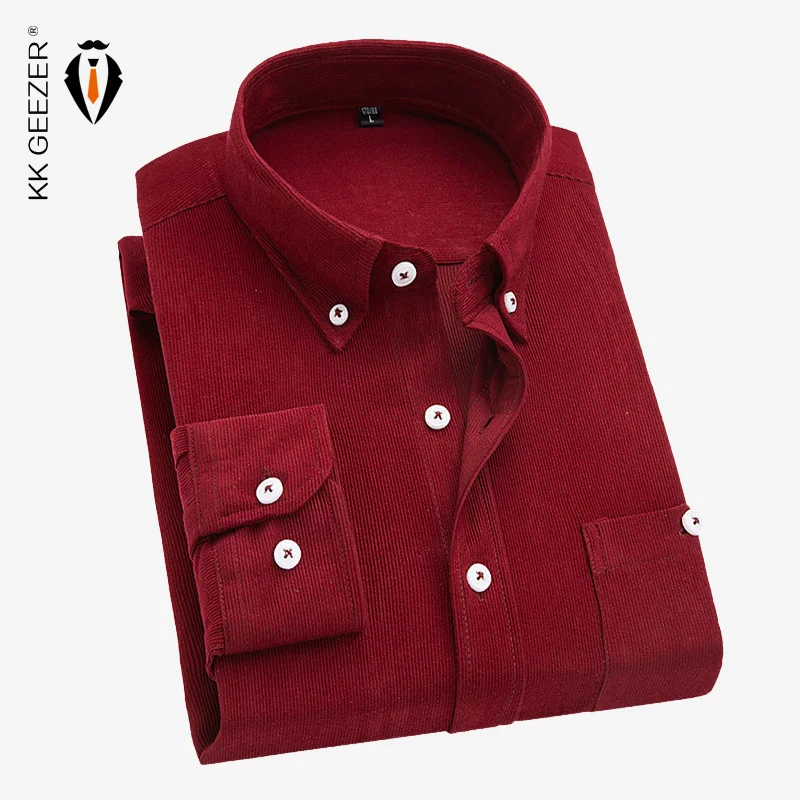 Men Shirt Flannel Long Sleeve Corduroy Dress Formal Twill Solid Color Slim Fit Pocket High Quality Oversize Dropshipping |