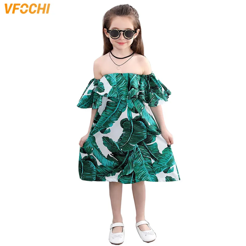 VFOCHI/летние платья для девочек Милая пляжная одежда для девочек зеленые детские платья с открытыми плечами для девочек, От 3 до 12 лет платья для девочек-подростков