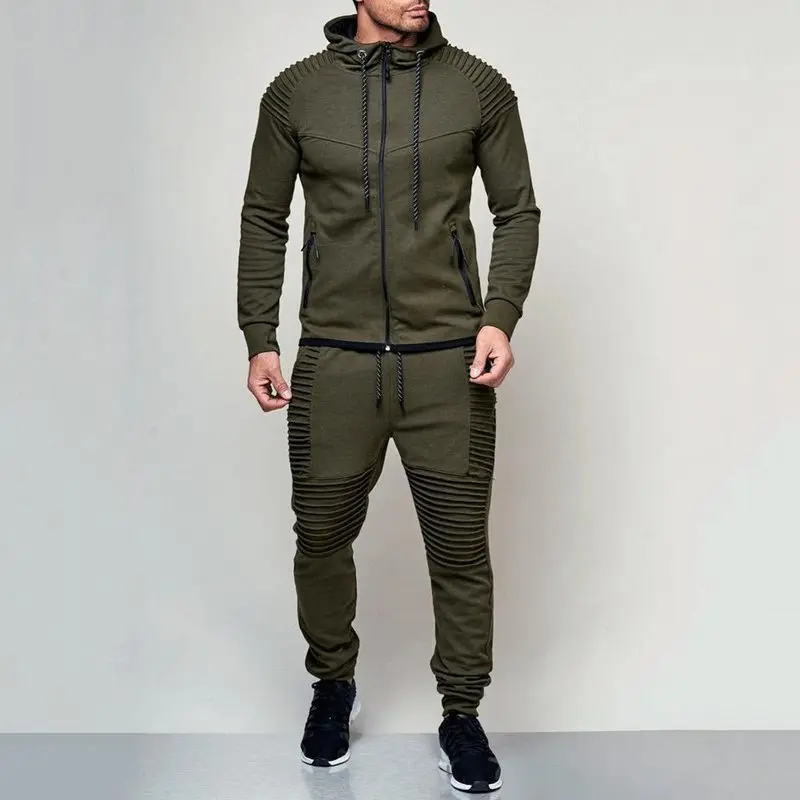Army green Спортивный костюм из 2 предметов для мужчин; сезон осень-зима; толстовка с капюшоном; брюки; мужские полосатые Лоскутные толстовки; повседневный комплект одежды - Цвет: Army green