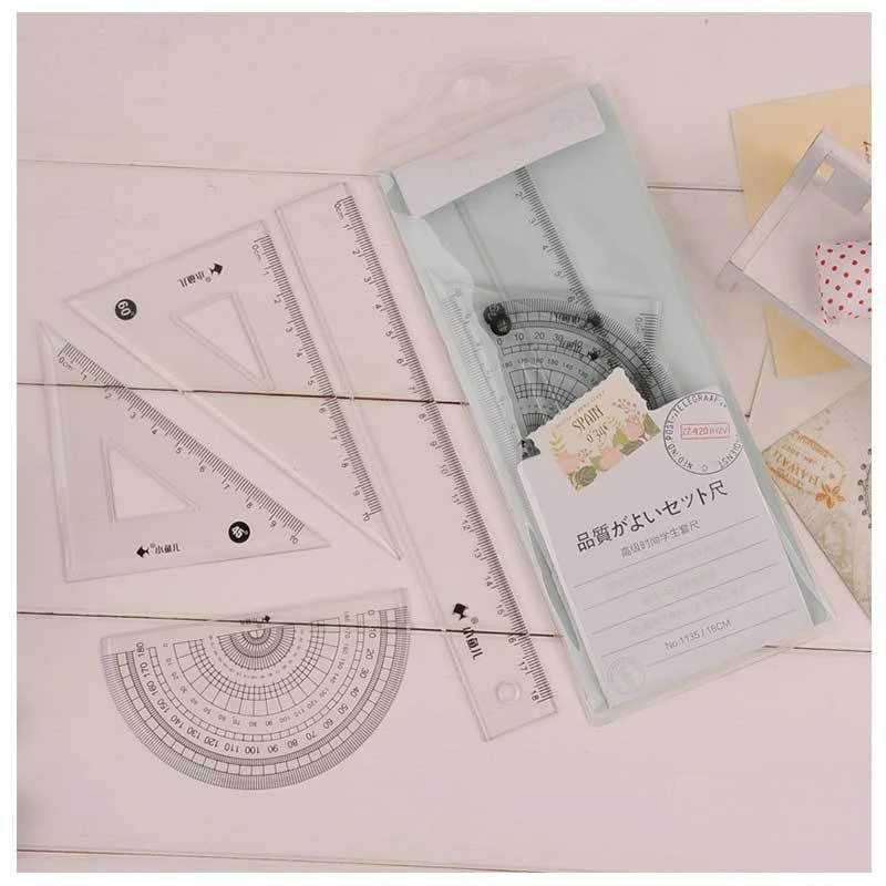 

4 pcs/set 18cm Straight Ruler Protractor Students Math Geometry Soft Bendable Plastic Triangle Ruler Set Office School Supplies