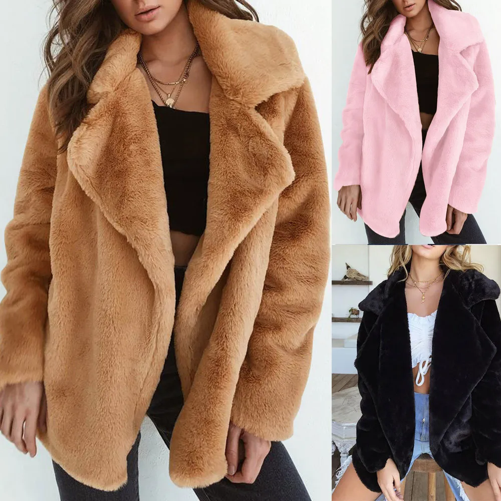 Женское пальто из искусственного меха, осенне-зимняя пушистая плюшевая куртка, пальто размера плюс, верхняя одежда с длинным рукавом, короткое пальто с отложным воротником, Женская куртка
