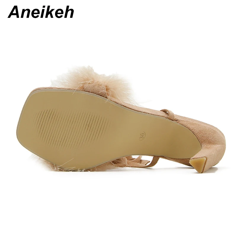 Women High Heels Aneikeh Summer Rome Fashion Furry Cross-Tied Women Pumps Sexy 11CM Thin High Heel Lace-up Dress Party Ladies Sandals
