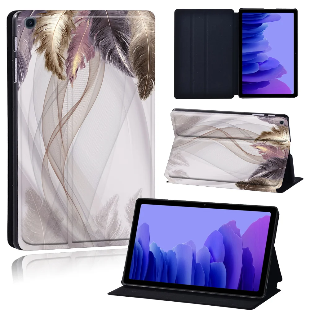 Tablets Case for Samsung Galaxy Tab A7 10.4 Inch 2020 T500/T505 Printed Feather PU Leather Tablet Stand folio Cover+ Free Stylus