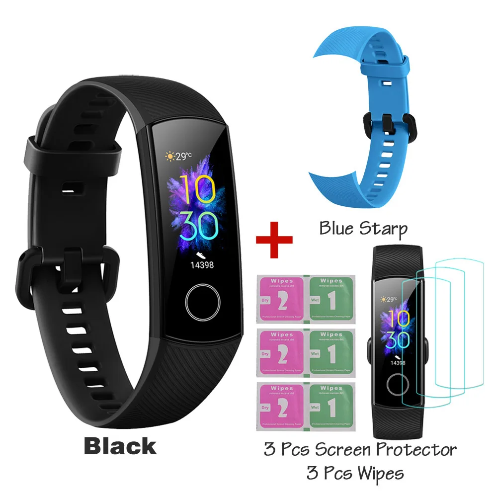Huawei Honor Band 5, смарт-браслет, глобальная версия, кровяный кислород, Смарт-часы AMOLED, huawei, смарт-браслет, пульсометр, фитнес-трекер сна - Цвет: Black Blue Strap