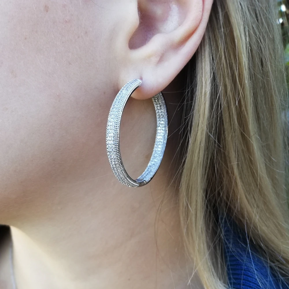 DreamCarnival 1989 Rhodium Color Zirconia Luxury Elegant Classic Hoop Earrings for Women Thin Easy Push In Pin Locks SE23882-WR