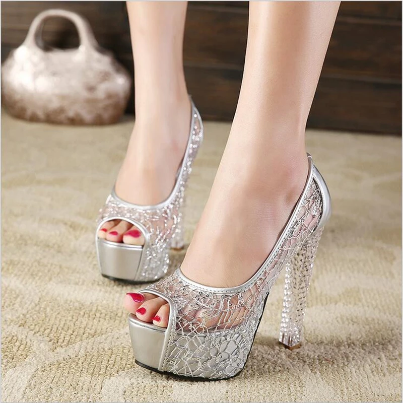 

2020 new Amazon wish Europe and America sexy high heel mesh crystal with thick high heel women's sandals in stock