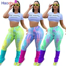 

HAOOHU Sexy Plus Size Stacked Sweatpants Women Stretch Leggings Pleated Pants Elastic High Waisted Drawstring Ruched Trousers