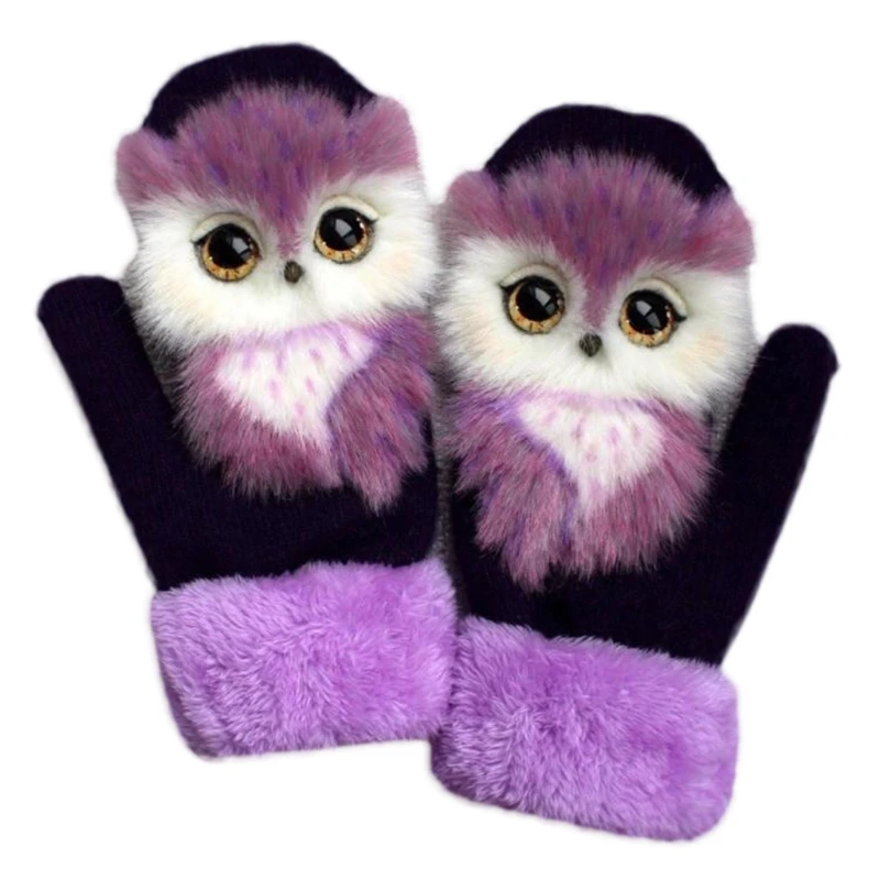 

Women Men Winter Knit Gloves Cute 3D Fluffy Cartoon Animal Decor Thickened Plush Lining Windproof Thermal Warm Mittens