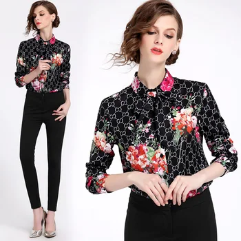

2020 Spring Summer Long Sleeve Black Flower Rose Floral Print Vintage Elegant Office Ladies Blusas Femininas Elegante Womens Top