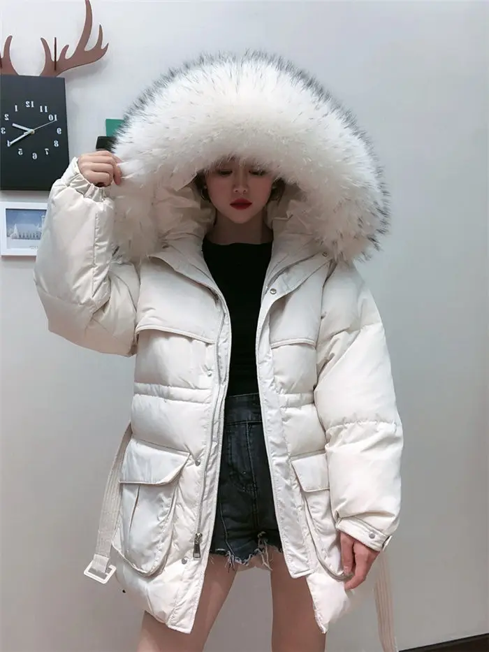 White Down Coat Winter Woman Fashion New Hooded Fur Collar Warm Thicken Cotton Clothing Casual Parkas Belt Overcoat f1401