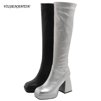 

Thick High Heel Platform Women Boots Elastic Squared Toe Thich Heel Slip on Slim Bootie Runway Boots 2020 New Fashion Sapatos