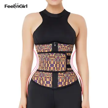 

FeelinGirl Latex Waist Trainer Corset Women Modeling Belt 7 Steel Bones Geometric African Printed Slimming Shaper Belly Sheath