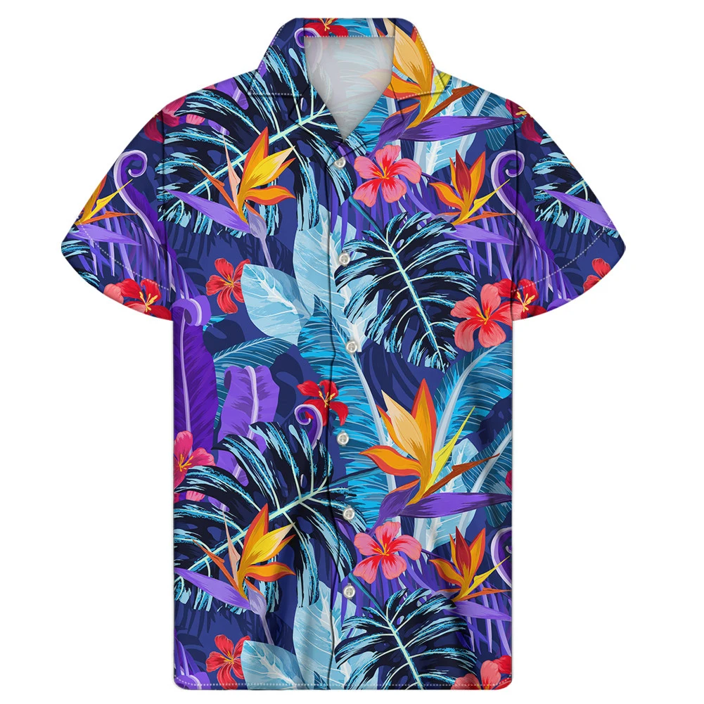 

WHEREISART Hawaiian Tropical Leaves Design Fashion Button Down Aloha Shirts For Male Casual Short Sleeve Tees Blouse Stand Tops