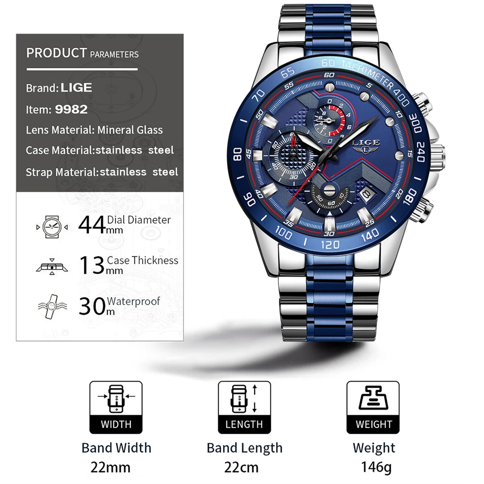 New Fashion Men Watch Lige Top Brand Analogue Clock Stainless Steel Waterproof Luminous Sports-4