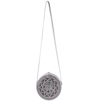 

New White Round Rattan Bags For Women Boho Beach Crossbody Bag Straw Handmade Woven Circle Shoulder Bag Female Handbags(Sun Flow