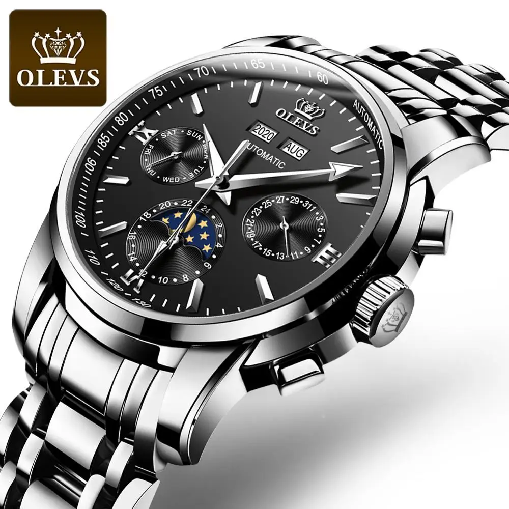 

OLEVS Men's Mechanical Wristwatches Luxury Brand Men Multifunction Luminous Waterproof Watch Moon Phase Week Calendar Display